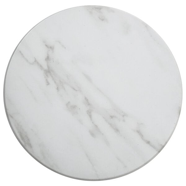 An American Metalcraft round melamine serving board with a white marble surface and black veins.