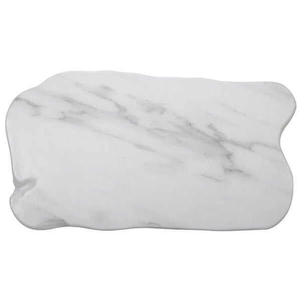 An American Metalcraft faux white marble melamine serving board with an organic shape and black veins.