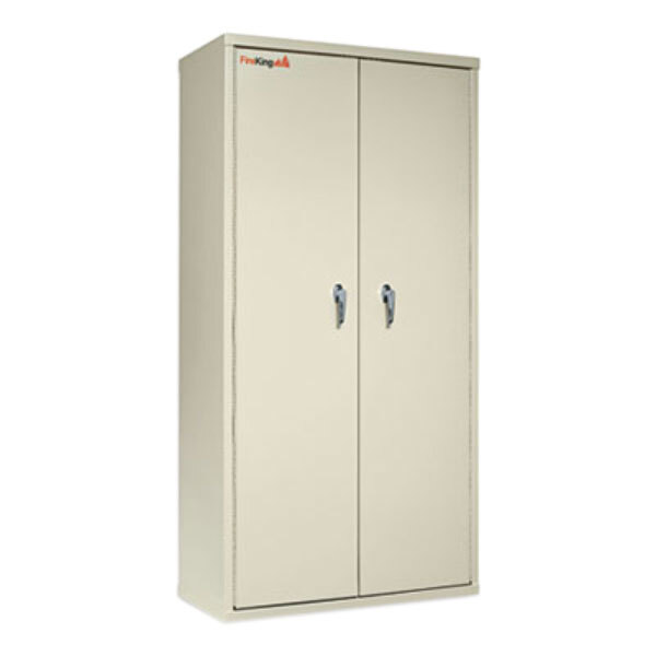 A white metal storage cabinet with handles.