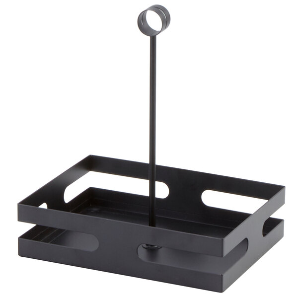 A black metal American Metalcraft rectangular condiment caddy with a handle.