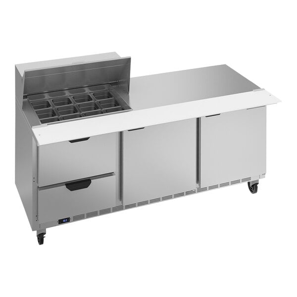 A Beverage-Air stainless steel commercial sandwich prep table with 2 drawers on a counter.