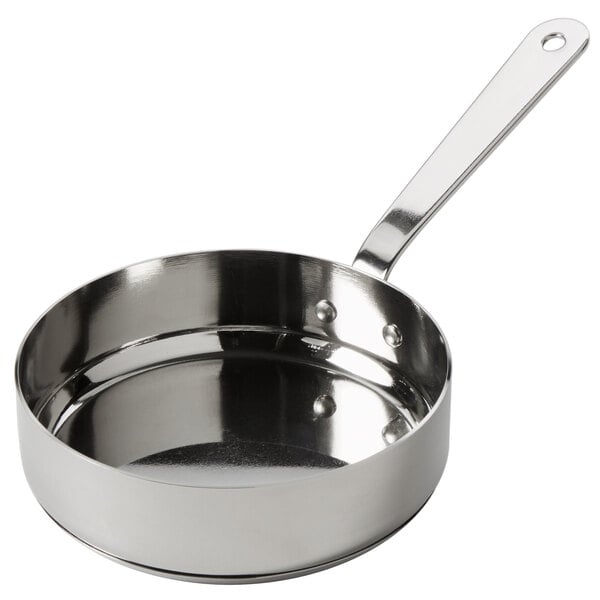 An American Metalcraft stainless steel mini saute pan with a handle.