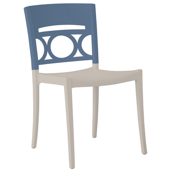 A white and blue plastic Grosfillex Moon chair with a blue seat.