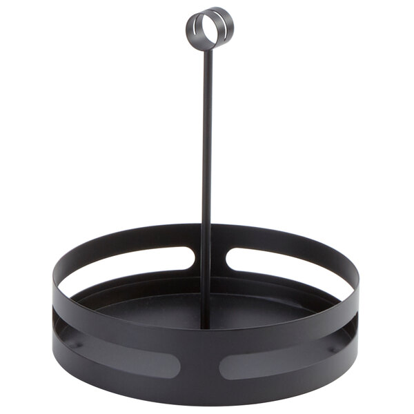 An American Metalcraft black metal condiment caddy with a metal handle.