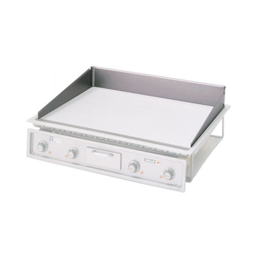 A white rectangular splashguard for a griddle with a metal frame.