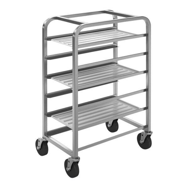 A silver metal cart with four shelves.