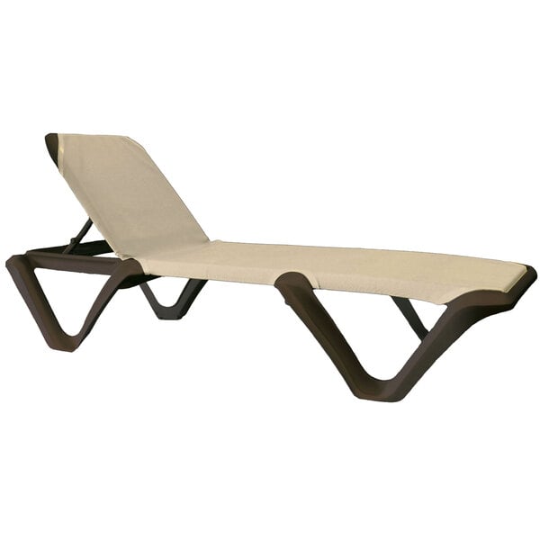 A tan chaise lounge chair with a khaki sling seat.