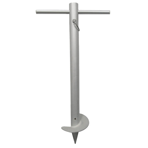 A silver metal pole with a hook on the end.