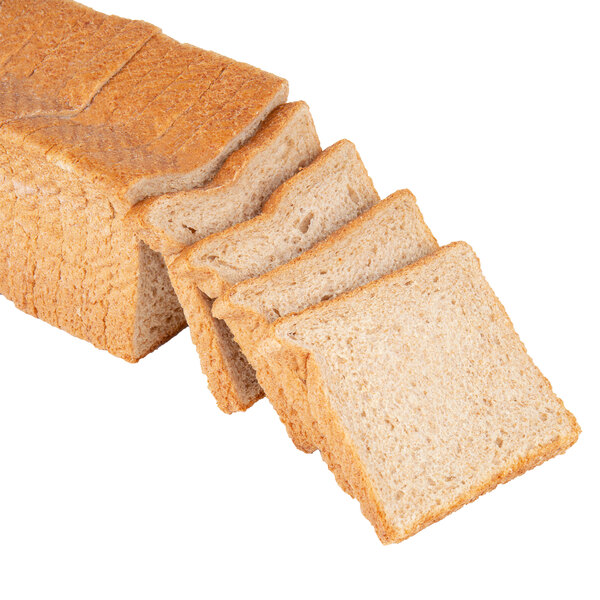 A loaf of European Bakers whole wheat bread with slices cut off.