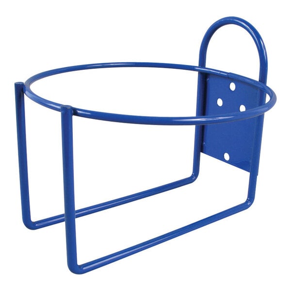 A blue metal wire bracket with a round ring and holes.