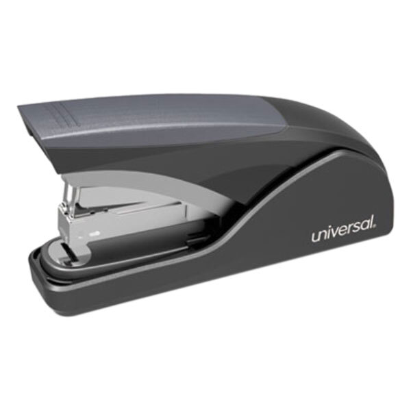 A black and grey Universal deluxe stapler.
