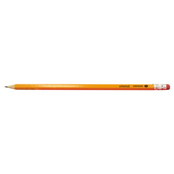 A Universal pre-sharpened yellow woodcase pencil with a red tip and eraser.