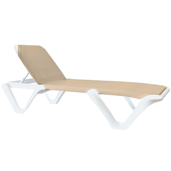 A white chaise lounge chair with a khaki sling seat.