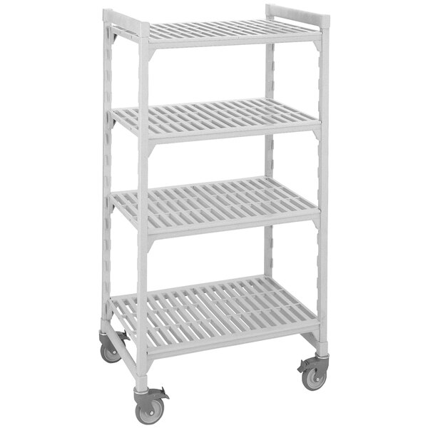 A white plastic shelving unit with three shelves on wheels.