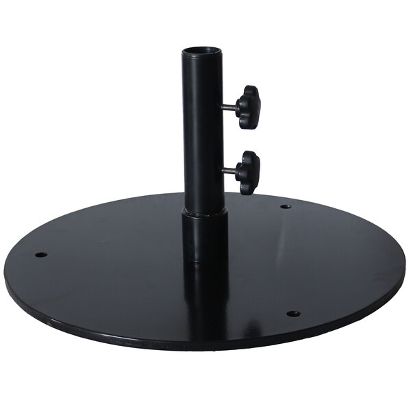 A black cylinder with two metal legs and a black knob for a Grosfillex black umbrella pole.