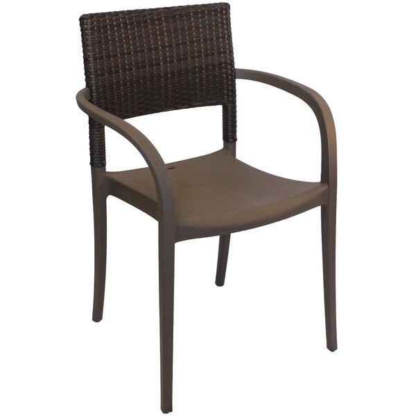 A Grosfillex Java bronze resin armchair with wicker back on a white background.