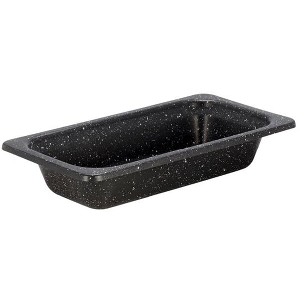 A black speckled stainless steel food pan with a black speckled surface.