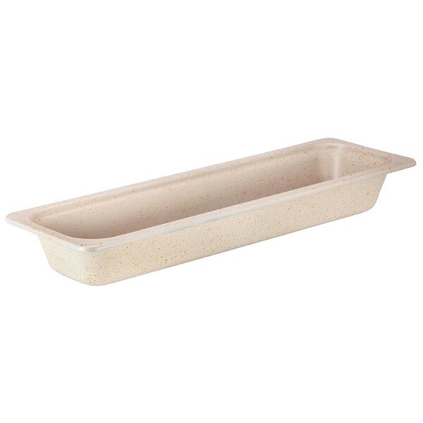 A rectangular white rectangular stainless steel food pan with a speckled surface.