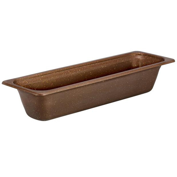 A rectangular brown stainless steel food pan with a handle.