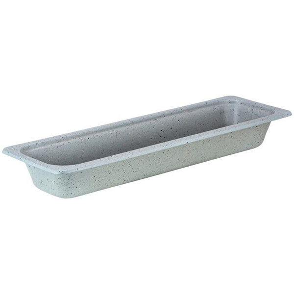 A rectangular stainless steel food pan with a grey bottom.