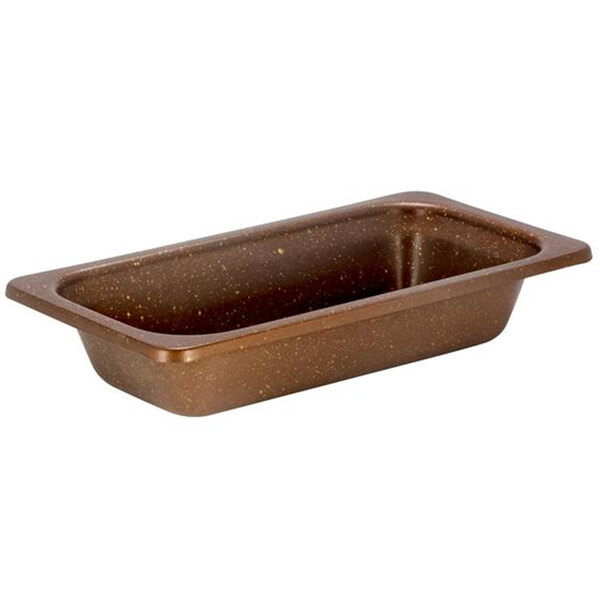 A brown rectangular stainless steel food pan with a handle.