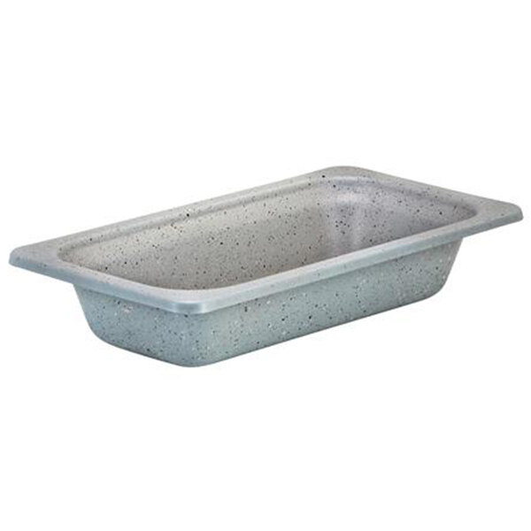 A Bon Chef stainless steel rectangular food pan with a grey speckled surface.