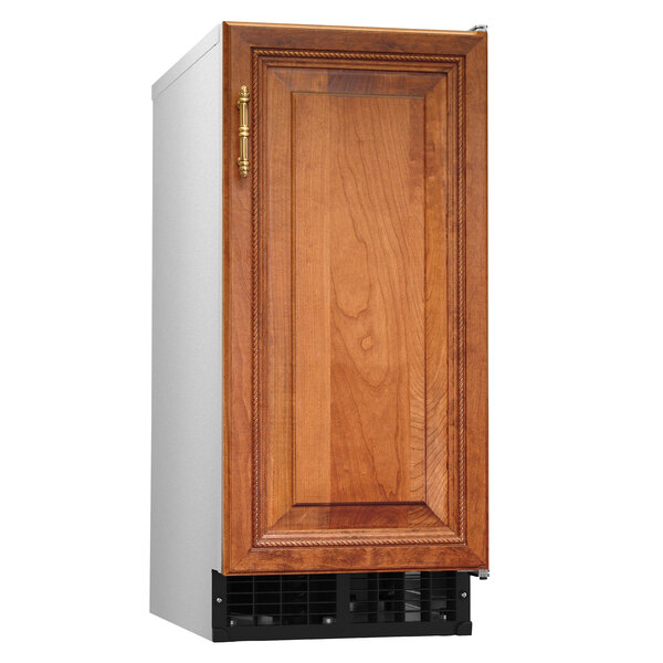A wooden cabinet with a vent and a door.