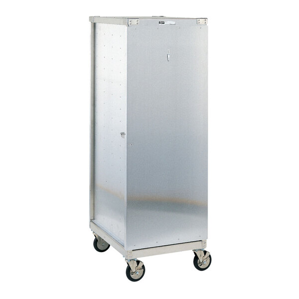 A silver metal Metro CD4N sheet pan rack storage cabinet on wheels with a lockable door.
