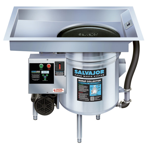 A Salvajor food scrapper and waste collector with a stainless steel pot and pan basin.