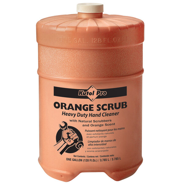 A flat top gallon container of Kutol Pro heavy-duty orange scrub hand soap with a white cap.