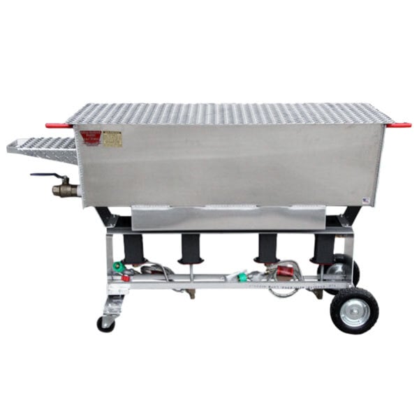 A large stainless steel metal box on wheels with a large metal container inside.