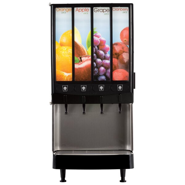 A Bunn juice dispenser with fruit graphics on the front.