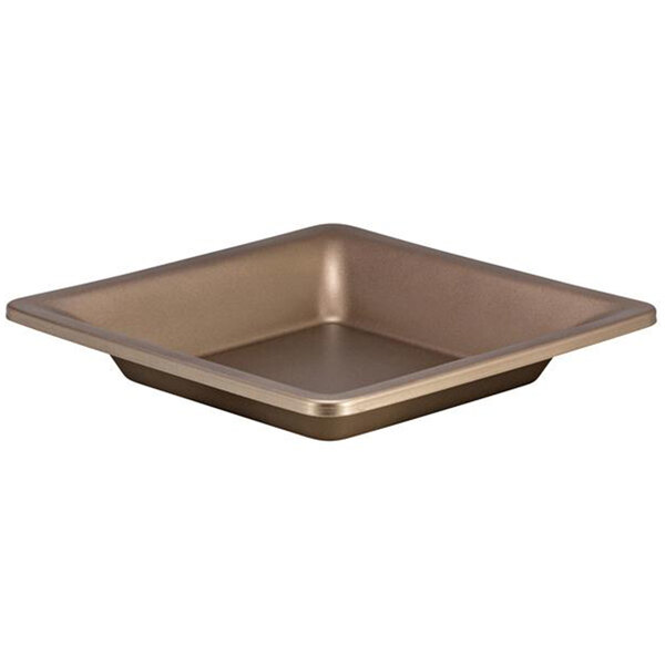 A Bon Chef taupe square stainless steel food pan with a brown lid.