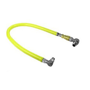 A yellow T&S SwiveLink gas hose with silver metal connectors.