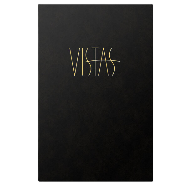 A black rectangular Menu Solutions leather-like menu cover with yellow text.