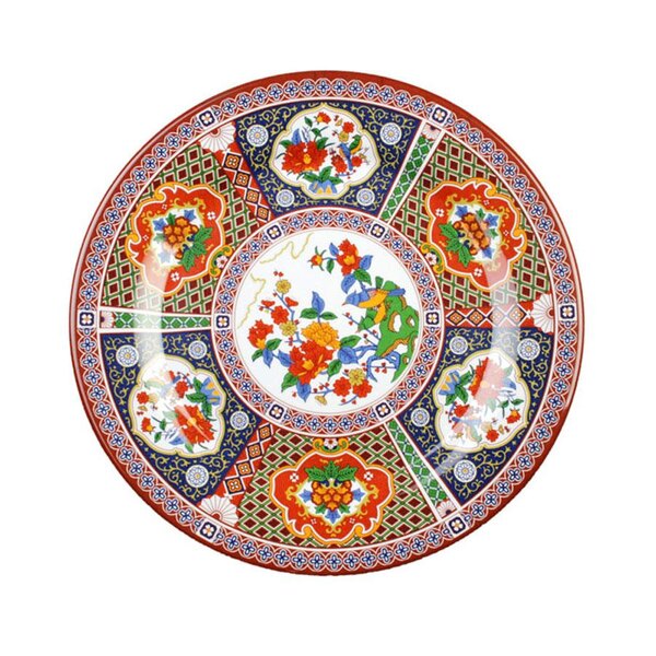 A close-up of a colorful Thunder Group melamine plate with a peacock and floral design.
