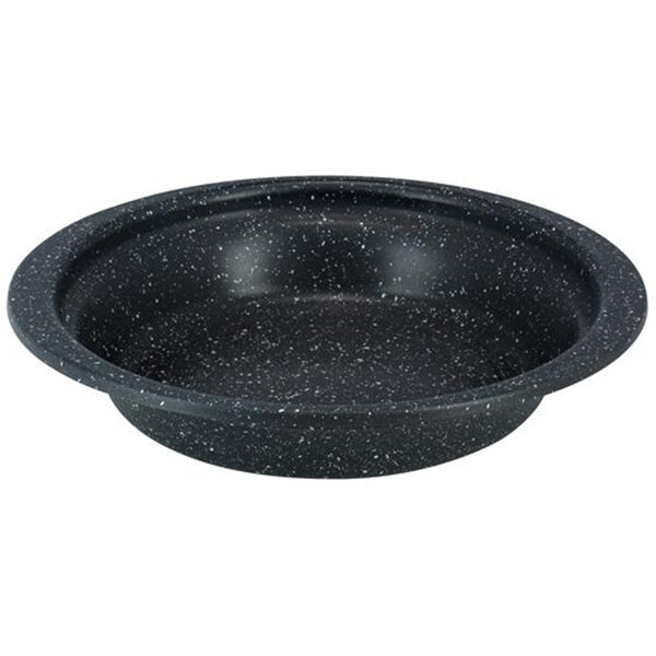 A stainless steel oval food pan with a black and white speckled surface.