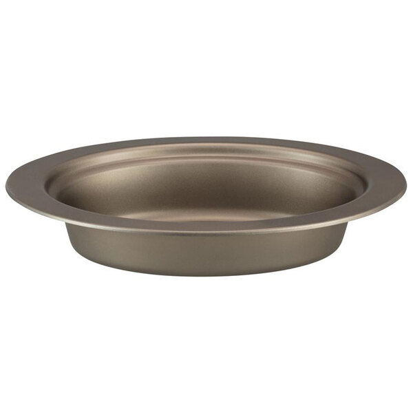 A Bon Chef taupe oval stainless steel food pan on a table.