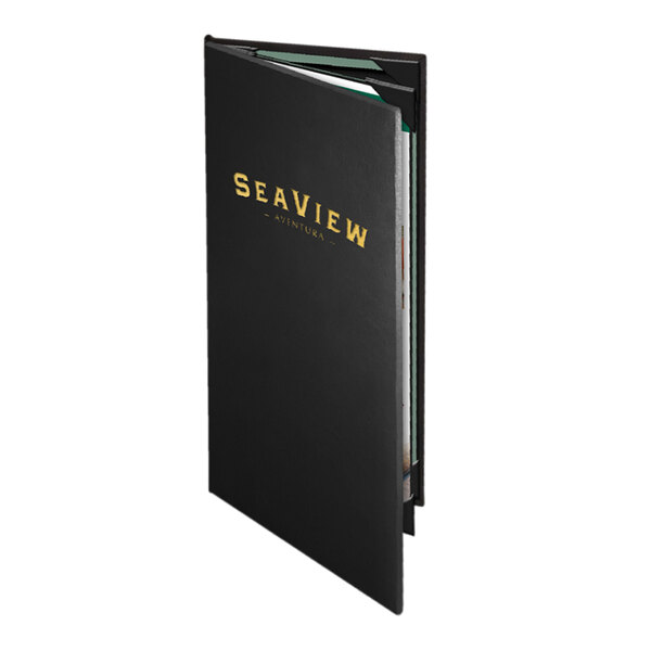 A black Menu Solutions leather-like folder with gold text on a table.