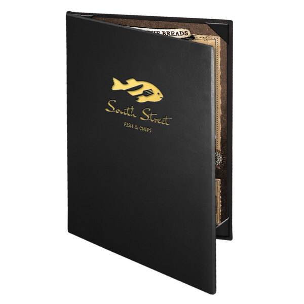 A black leather Menu Solutions Chadwick menu cover with gold corners and a gold logo.