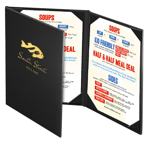 A Menu Solutions Chadwick Collection leather-like menu cover with a black and gold border.