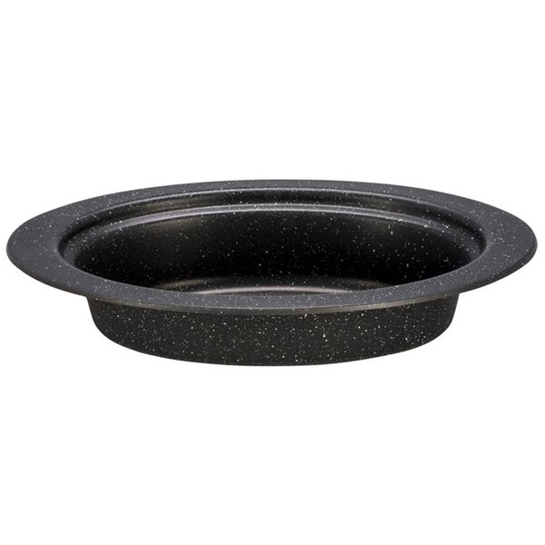 A stainless steel oval food pan with black speckles.