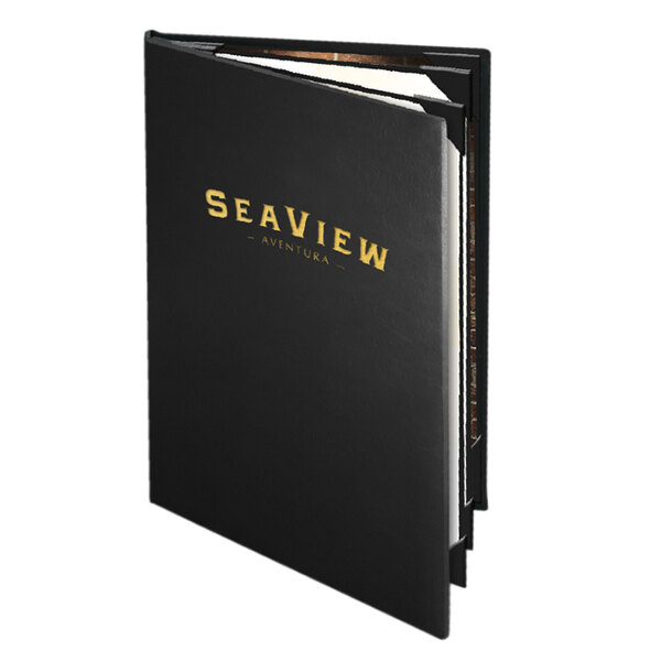 A black leather Menu Solutions booklet with 6 views on the cover with gold text.