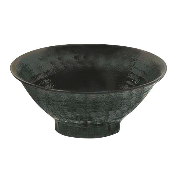 A close-up of a black Thunder Group Tenmoku soup bowl with a textured surface and black rim.