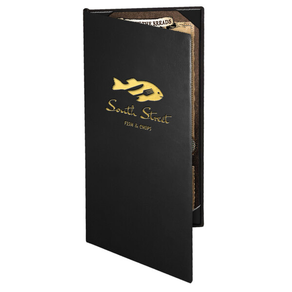 A black leather Menu Solutions Chadwick Collection menu cover.