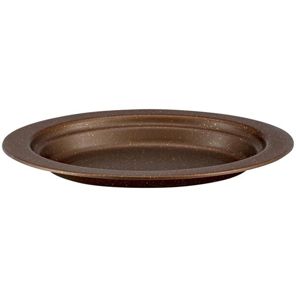 A stainless steel oval food pan with a brown rim.