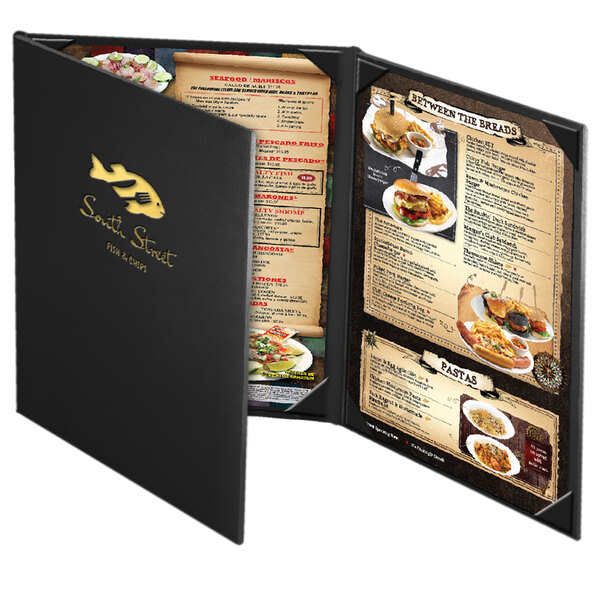 A Menu Solutions Chadwick Collection menu cover with a black leather-like cover and gold border.