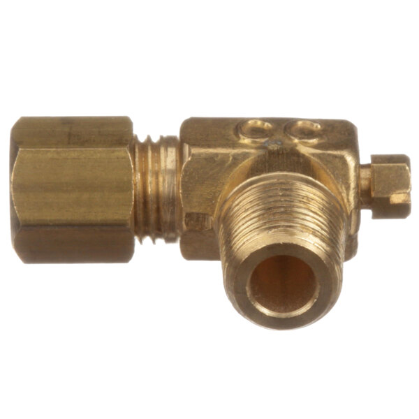 A Cooking Performance Group brass pilot valve with a threaded nozzle.