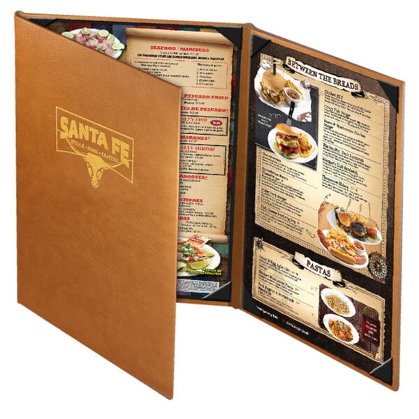 A brown Menu Solutions Bella Collection menu with a logo.