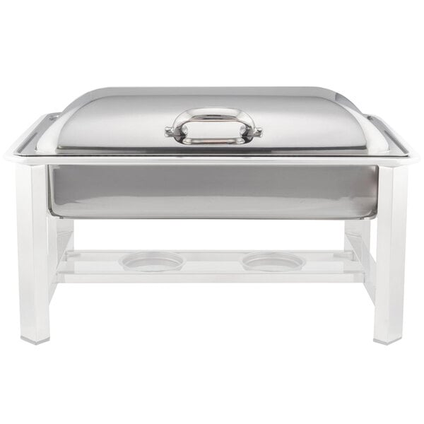 A silver metal Bon Chef induction chafer with a lid.